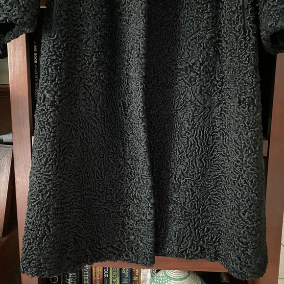 Curly Lamb Long Coat Wool Fur Black Persian Silk Lined Velvet Pockets Vintage - Picture 7 of 13